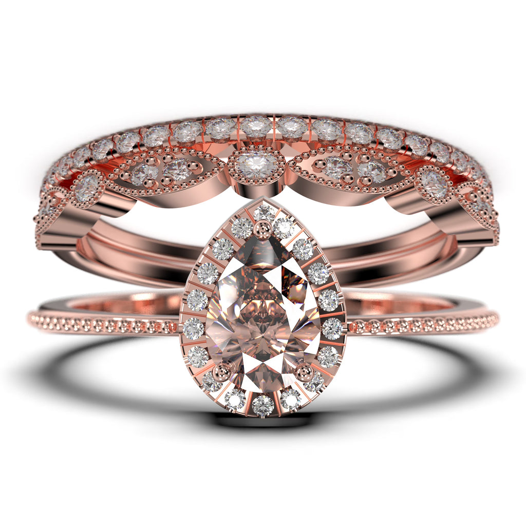 Vintage Pear Cut Morganite And Diamond Moissanite Engagement Ring Set in 925 Sterling Silver With 18k White Gold Plating Q1281