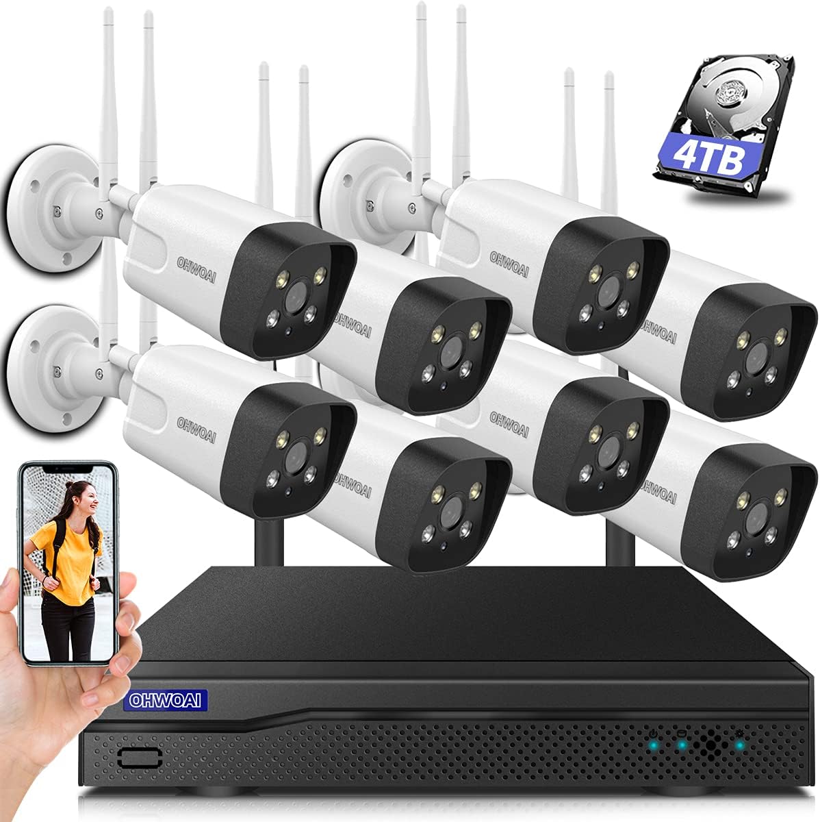 Wireless Security Camera System, 8Pcs 5.0MP CCTV Home Wi-Fi IP Cameras, 8 Channel NVR, 4TB HDD, IP67 M25796