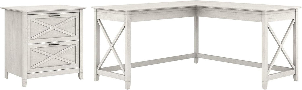 L Shaped Desk with 2 Drawer Lateral File Cabinet, 60W, Linen White Oak C28194