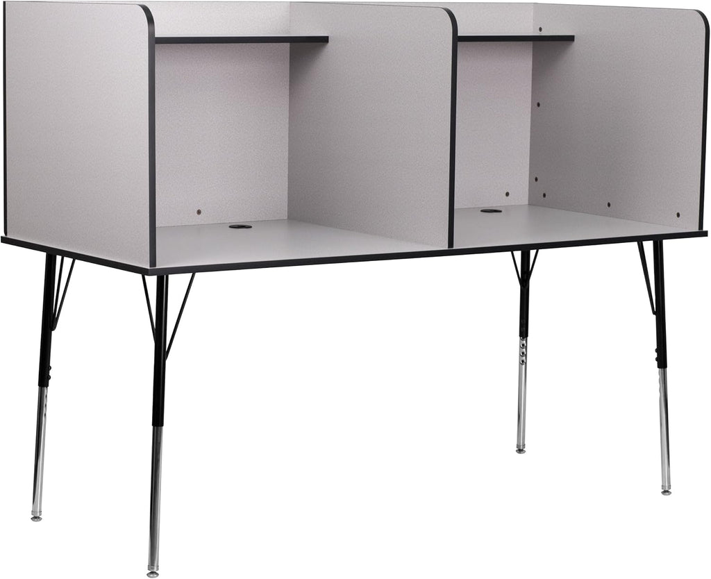 Double Wide Study Carrel with Adjustable Legs and Top Shelf in Nebula Grey Y962