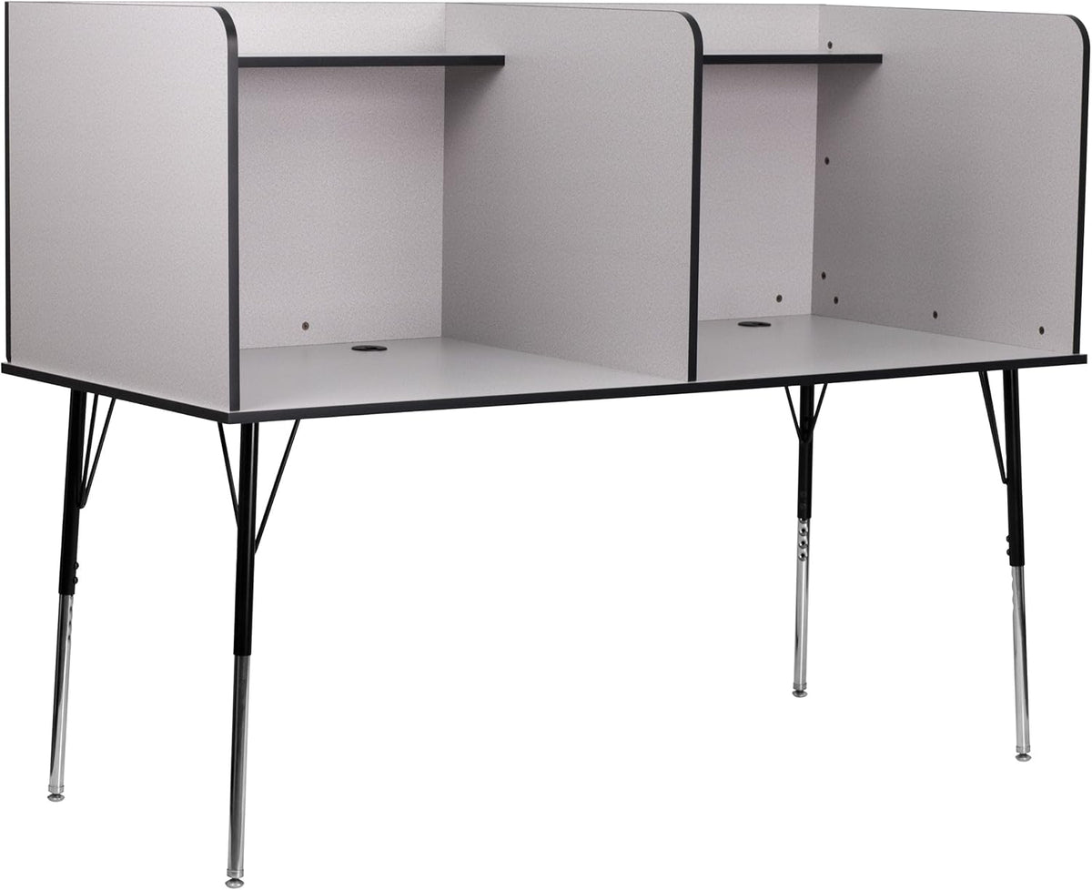 Double Wide Study Carrel with Adjustable Legs and Top Shelf in Nebula Grey Y962