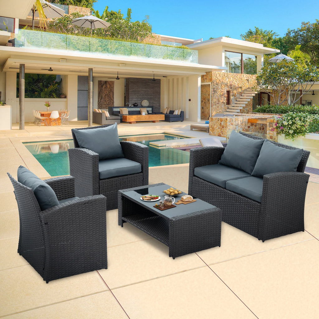 4-Piece PE Wicker Rattan Patio Sofa Set with Anti-Slip Cushions and Tempered Glass Coffee Table, Dark Gray W72290