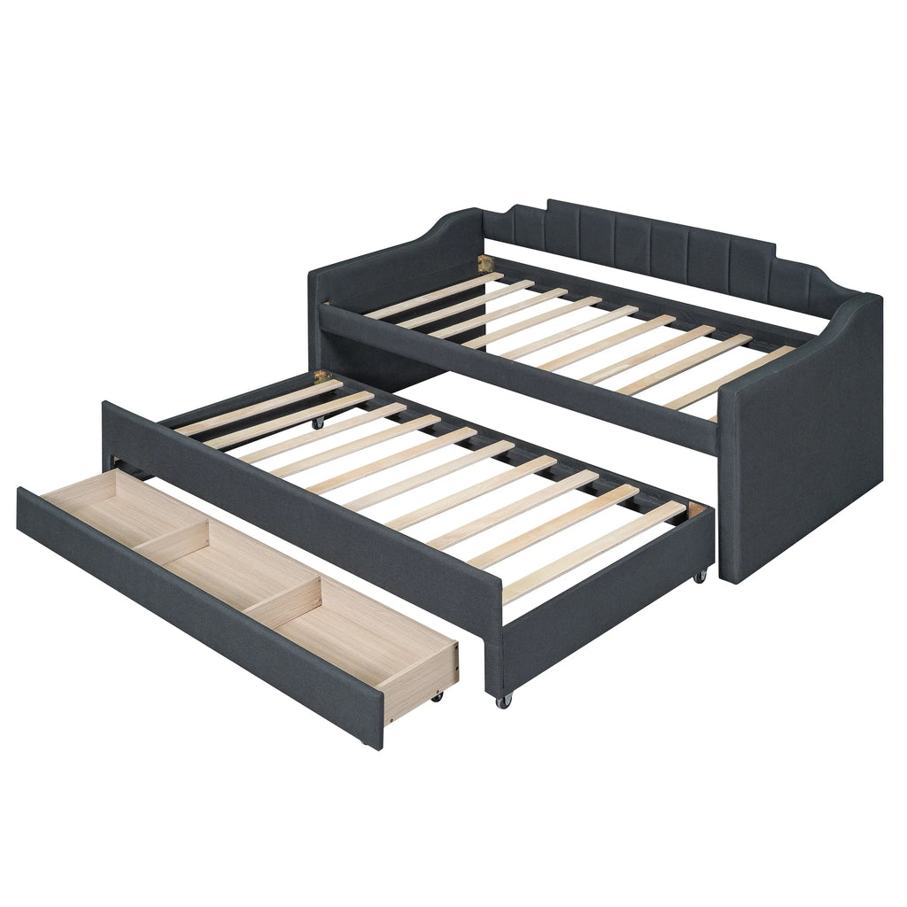 Twin Size Upholstered Daybed with Trundle and Drawers, Dark Gray G5128