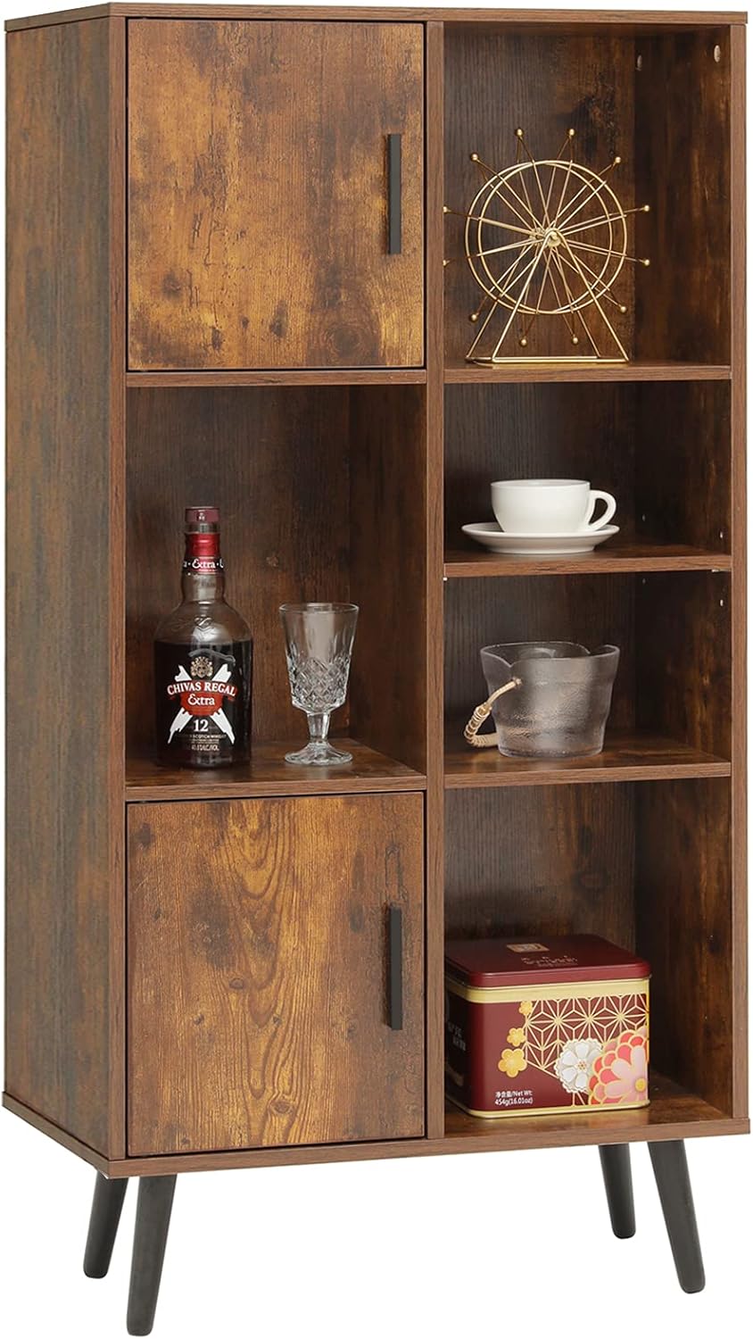 Large Storage Cabinet with 2 Doors, 5 Open Shelves, Adjustable Shelf, Rustic Brown K544