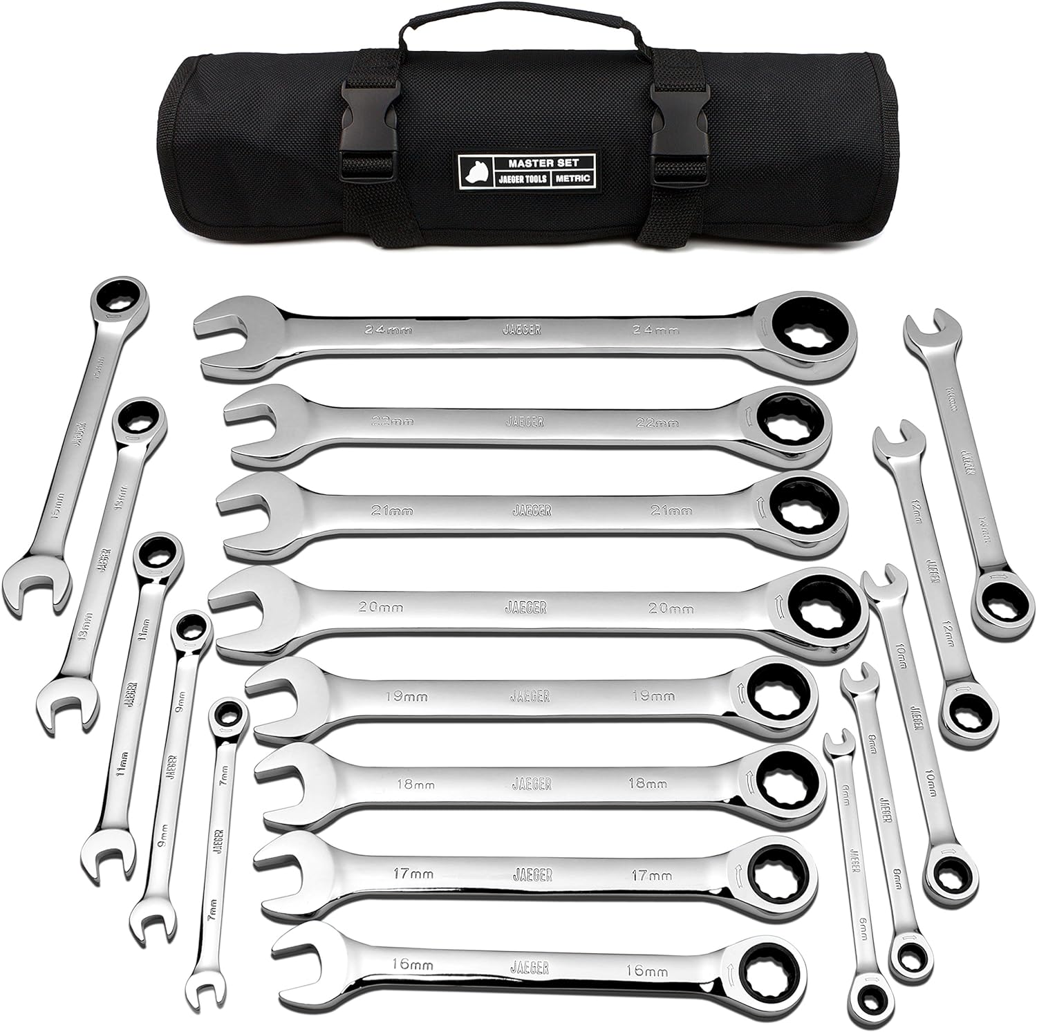 18pc MM/Metric Ratcheting Combination Wrench Set with Rollup Case V213