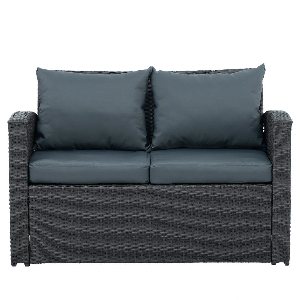 4-Piece PE Wicker Rattan Patio Sofa Set with Anti-Slip Cushions and Tempered Glass Coffee Table, Dark Gray W72290