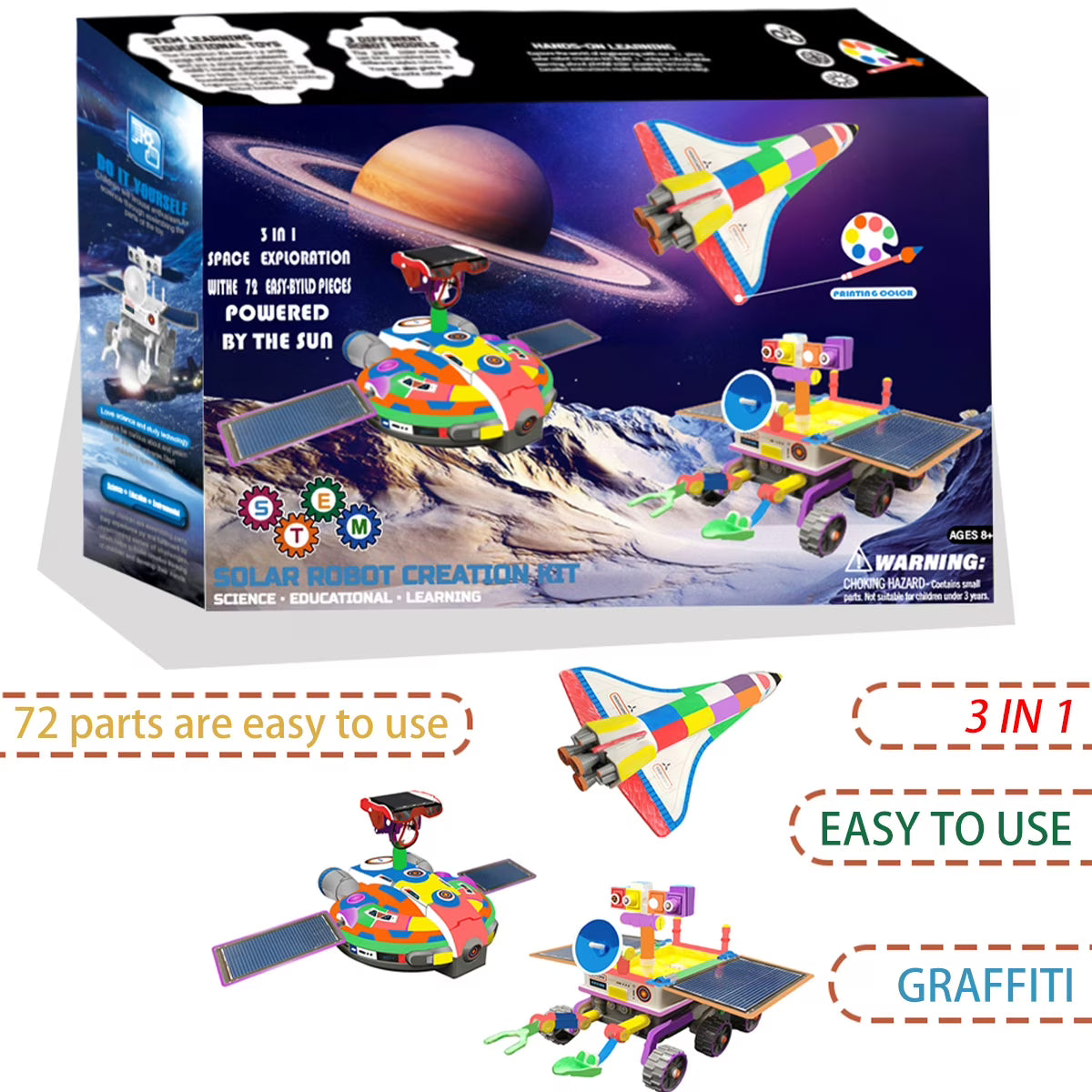 3 In 1 Solar Robot Kit with Paints and Paintbrush DIY Science Experiments Toy S782140