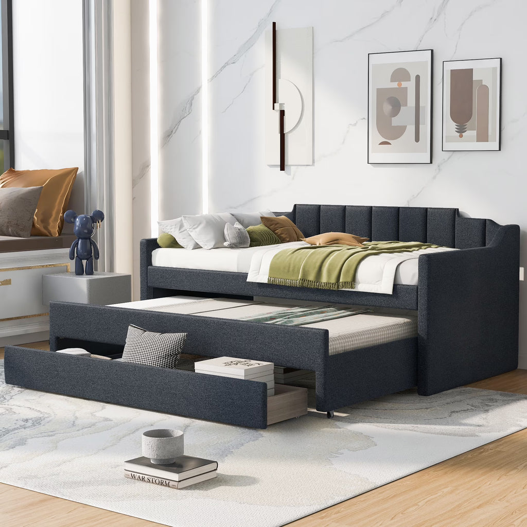 Twin Size Upholstered Daybed with Trundle and Drawers, Dark Gray G5128