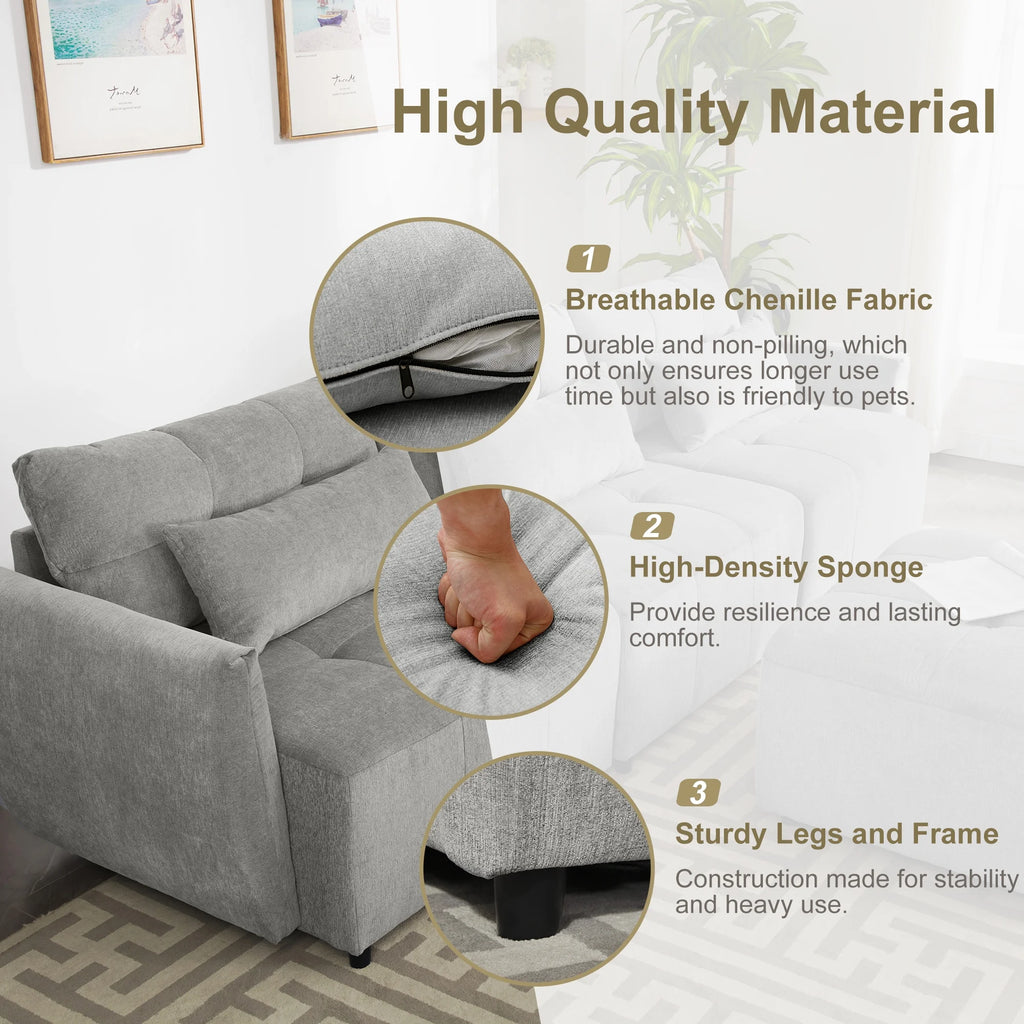 Grey Chenille Sectional Sofa with Convertible Ottoman W32256