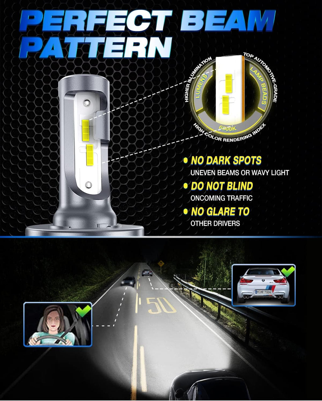 H4/9003 LED Headlight Bulbs, 16000LM, 6500K Cool White, Pack of 2 C979
