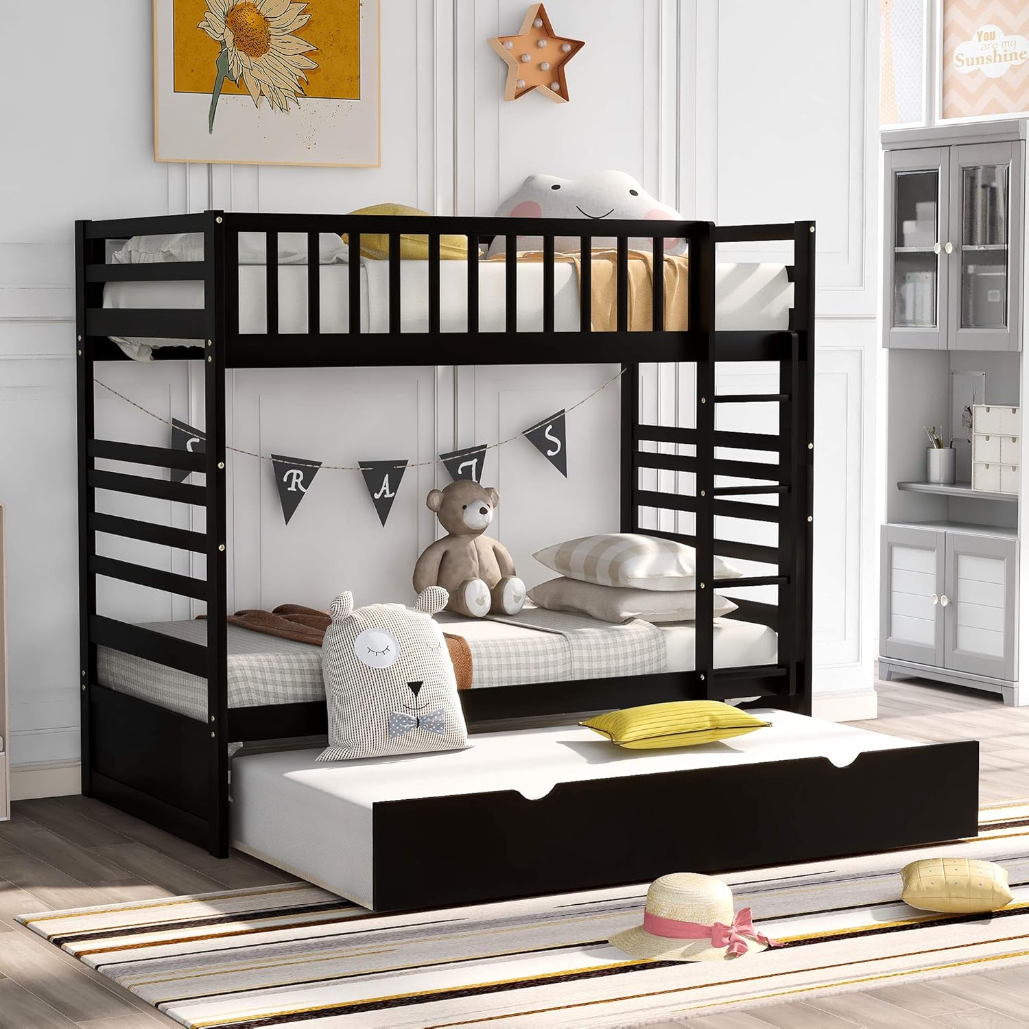 White Twin Over Twin Wood Bunk Bed with Two Storage Drawers and Ladder U5413