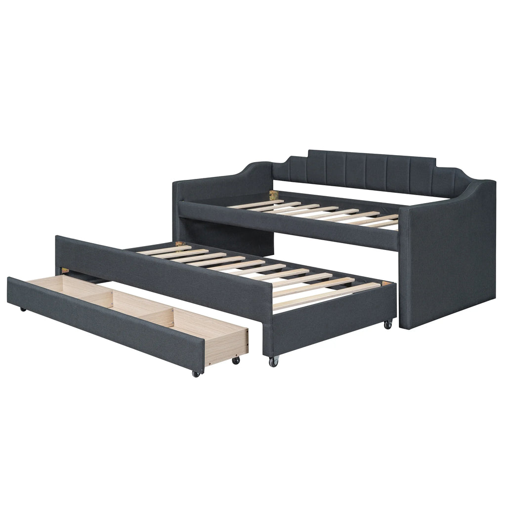 Twin Size Upholstered Daybed with Trundle and Drawers, Dark Gray G5128