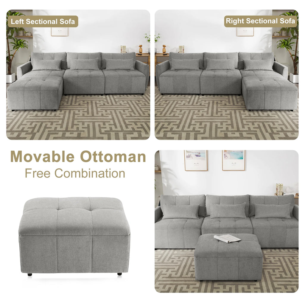 Grey Chenille Sectional Sofa with Convertible Ottoman W32256