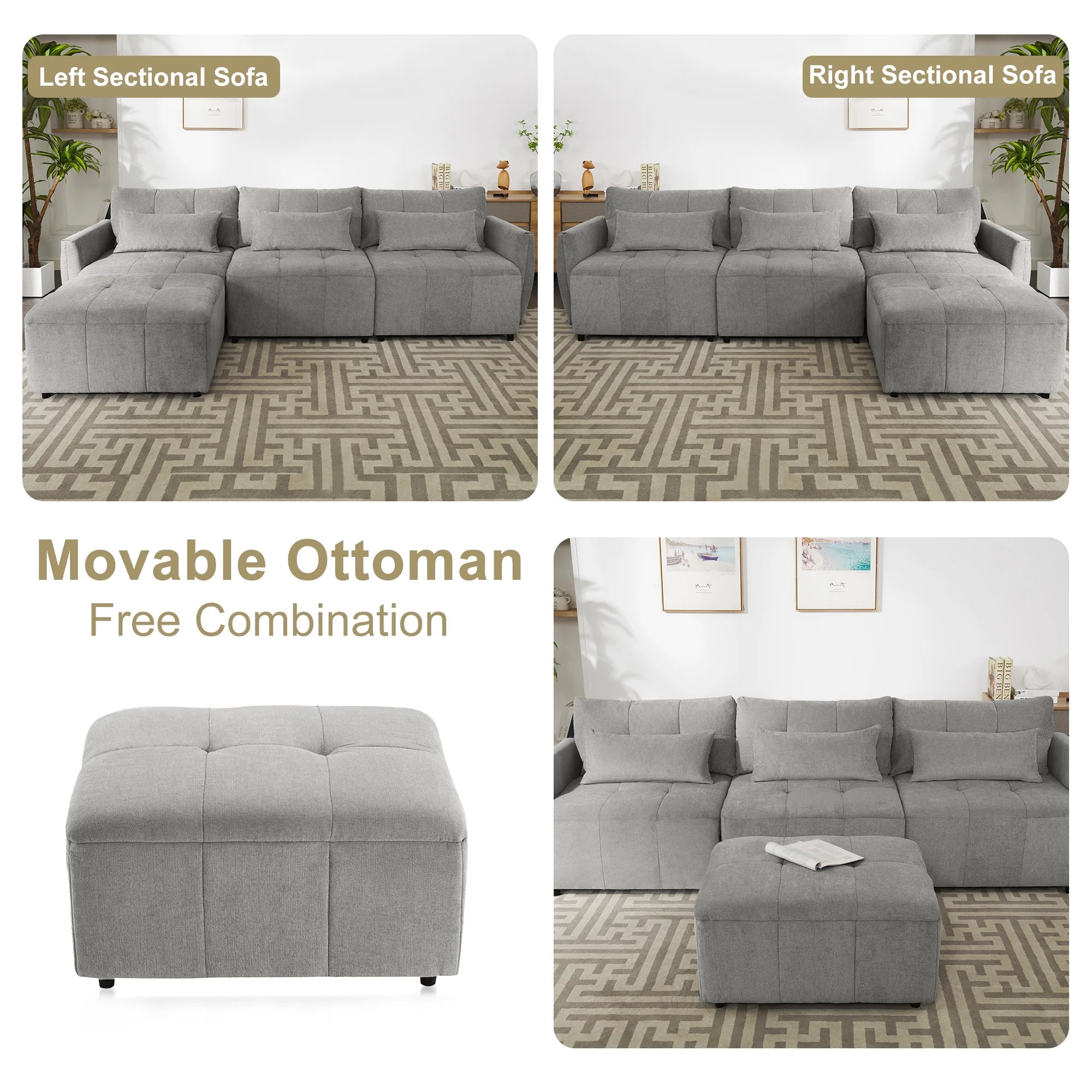 Grey Chenille Sectional Sofa with Convertible Ottoman W32256