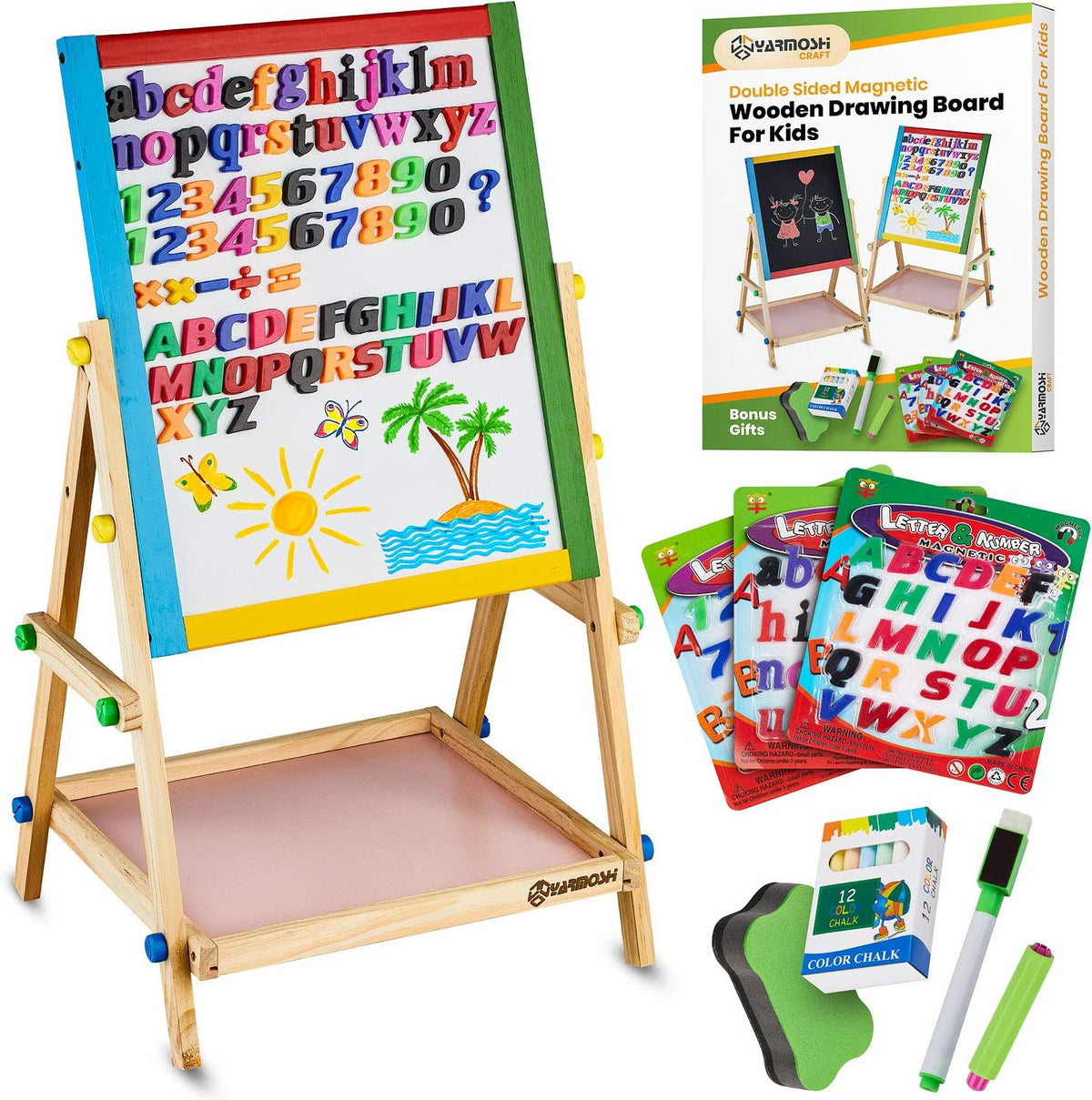Double-Sided Adjustable Easel with Magnetic Sponge and Chalks F3276