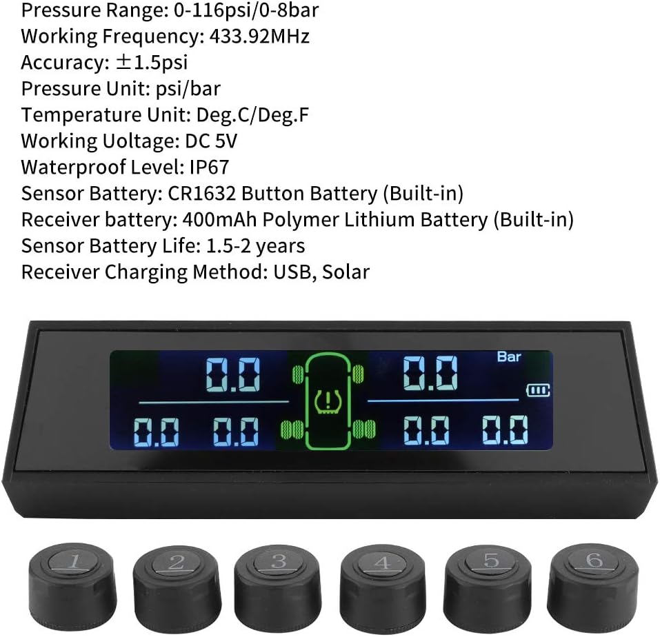 Solar Powered TPMS Tire Pressure Monitor System with LCD 6 External Sensor Pack of 2 P915