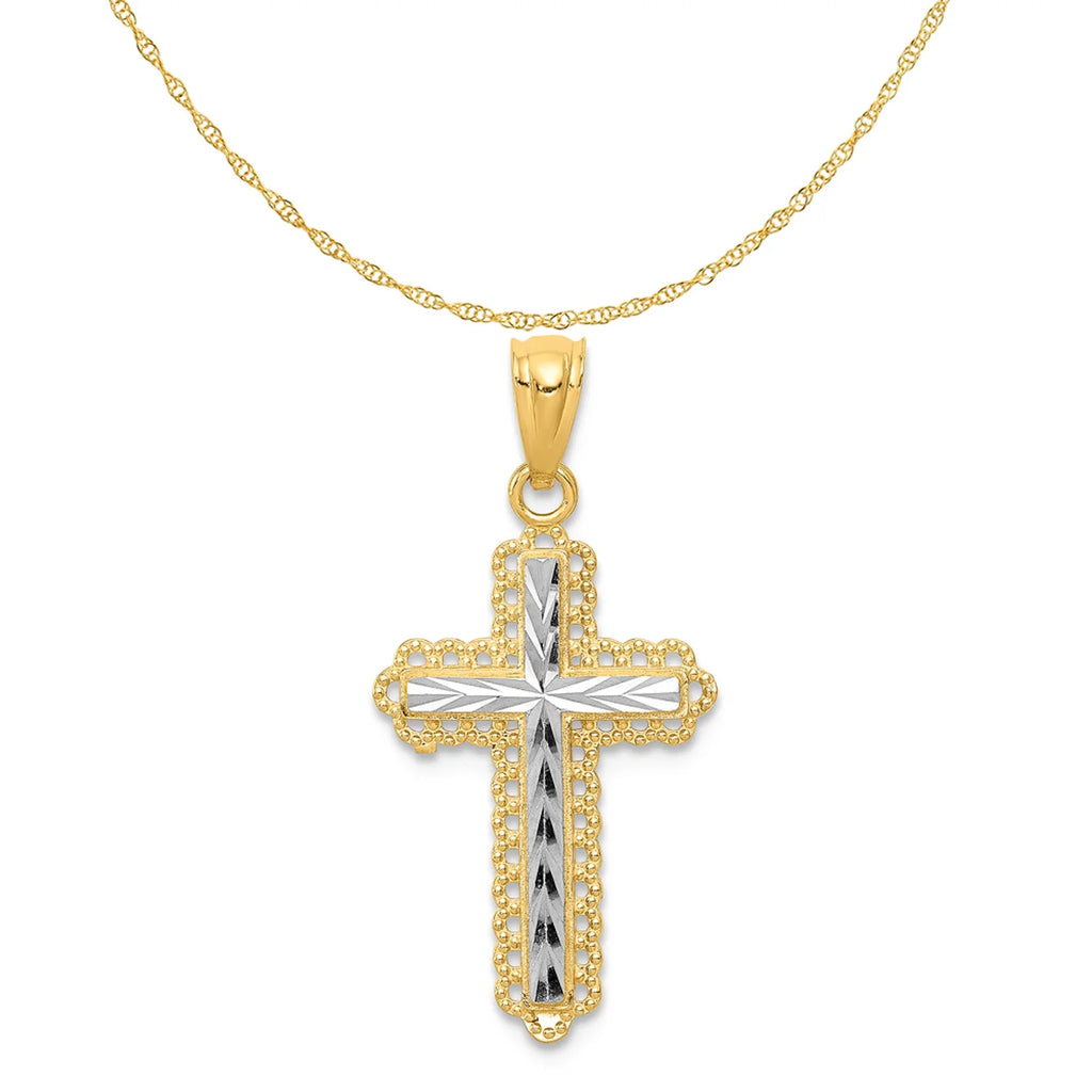 14K Two-Tone Gold Rhodium Plated Diamond Cut Cross Pendant with 14K Yellow Gold Rope Chain 16" M865