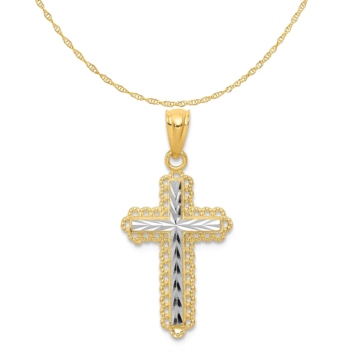 14K Two-Tone Gold Rhodium Plated Diamond Cut Cross Pendant with 14K Yellow Gold Rope Chain 16" M865
