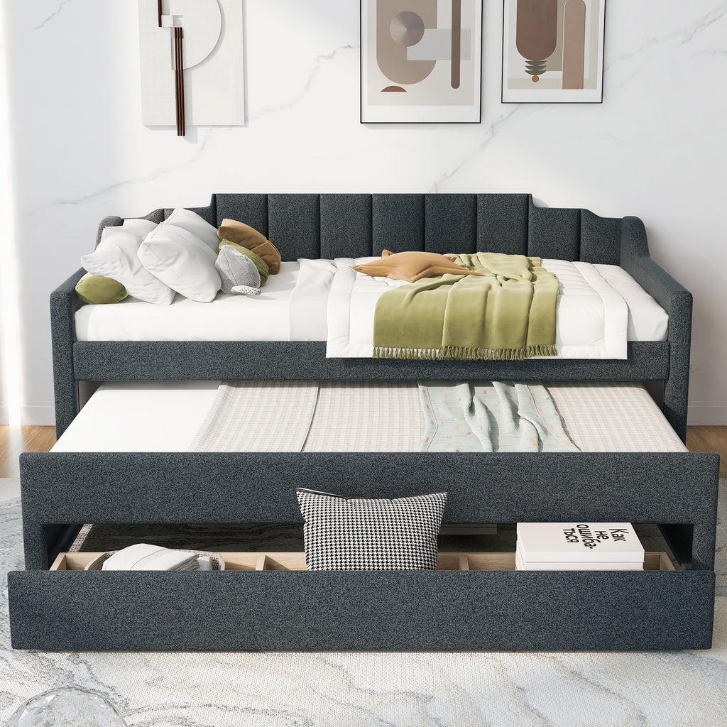 Twin Size Upholstered Daybed with Trundle and Drawers, Dark Gray G5128