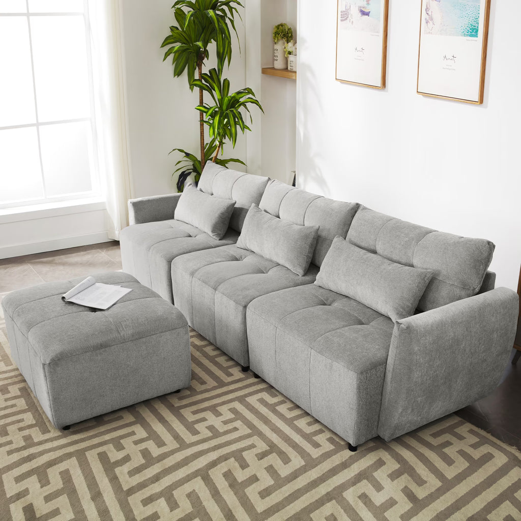 Grey Chenille Sectional Sofa with Convertible Ottoman W32256