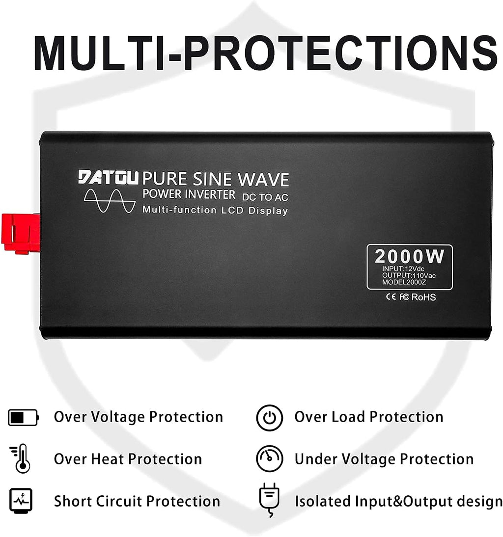 2000W Pure Sine Wave Inverter 12V DC to 110V AC Dual AC Outlets LED Display Car Converter W753