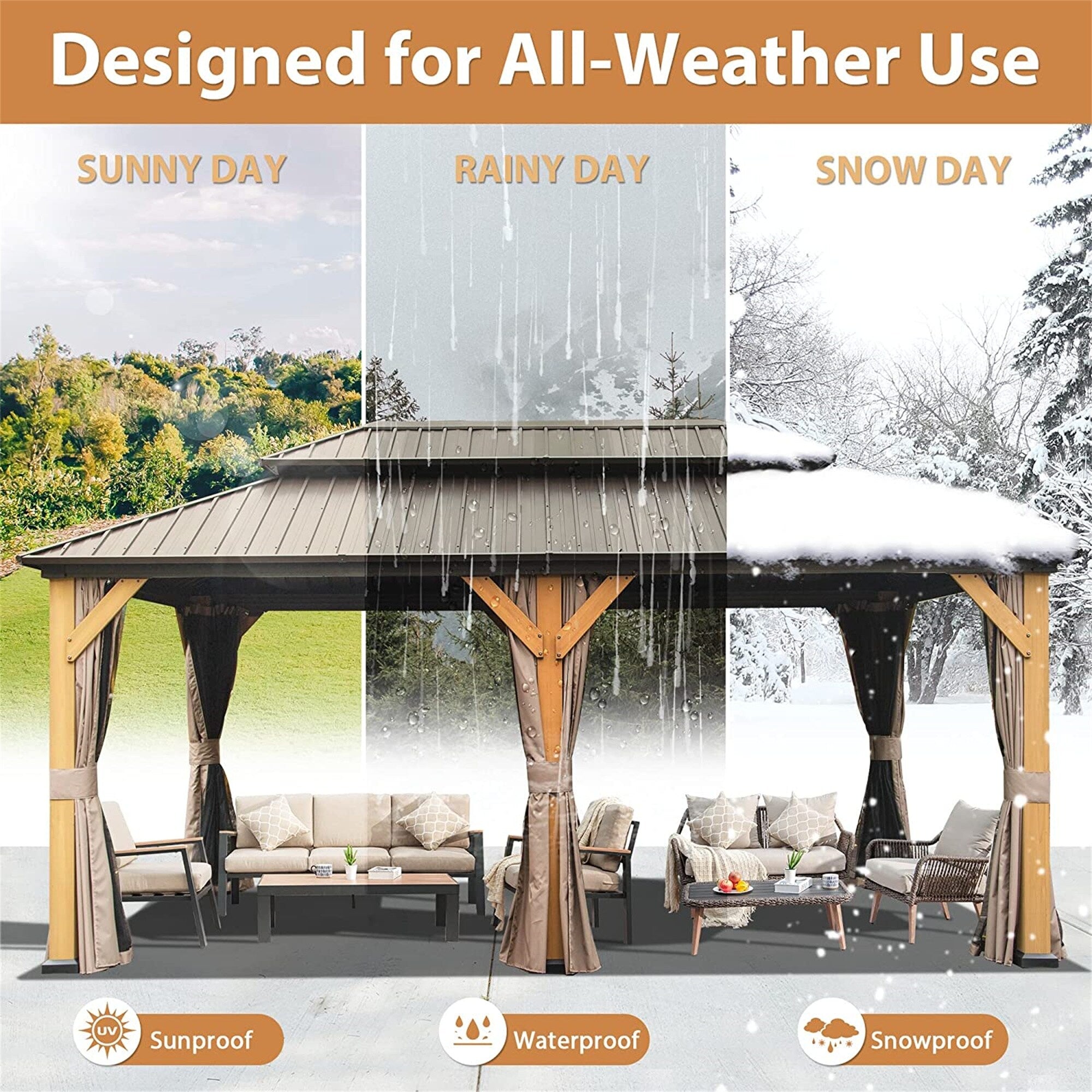 12'x20' Outdoor Gazebo Double Roof Galvanized Steel Canopy Cedar Wood Frame with Netting & Curtains H15713