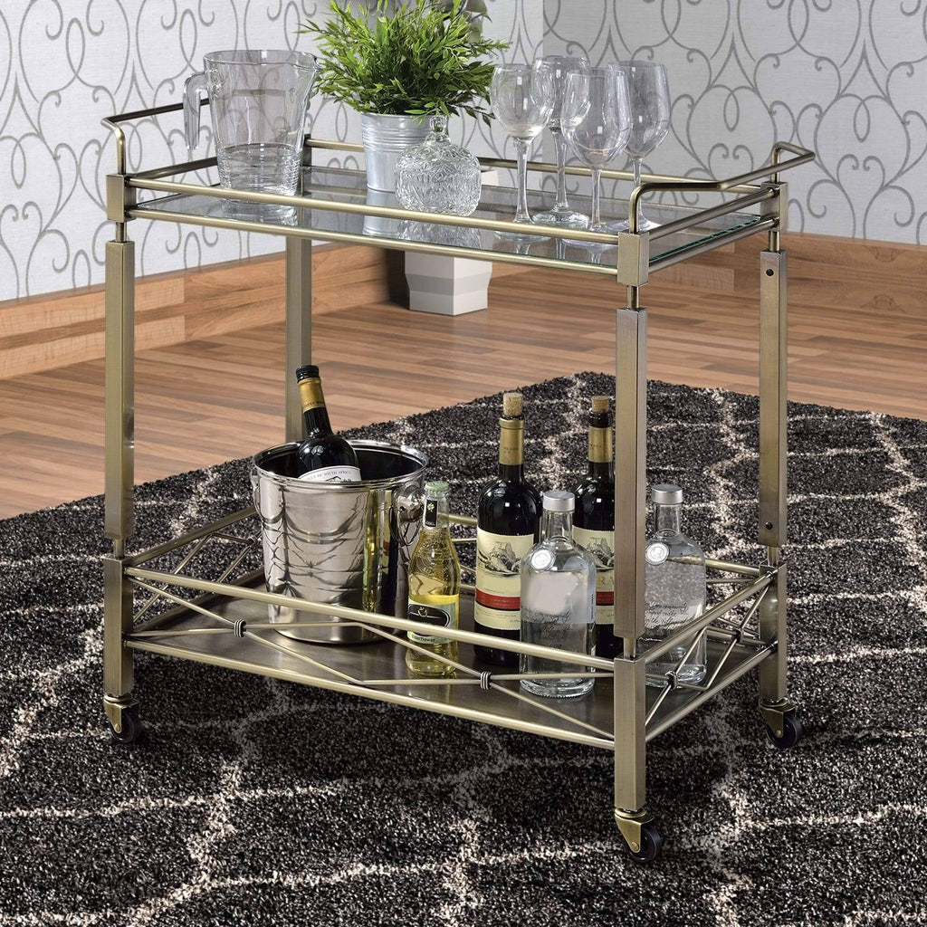 Antique Gold Two Tiered Metal Serving Cart with Glass Shelves X8251
