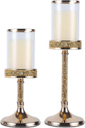 Gold Metal Candle Holders with Glass Hurricane Lid, 2 PCS X146