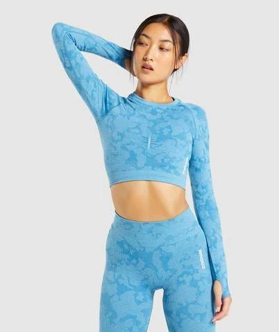 Blue Seamless Long Sleeve Crop Top Z2395