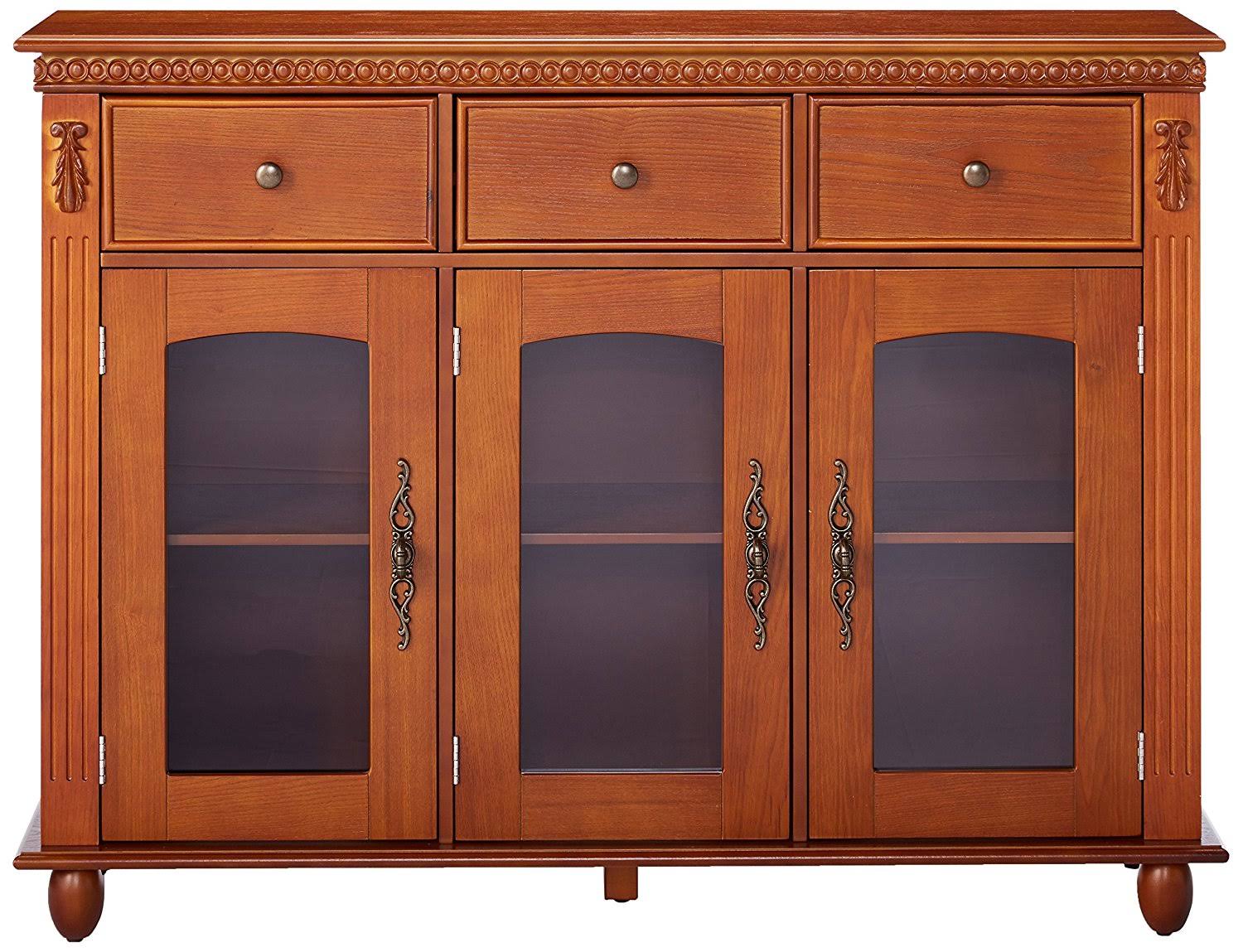 Walnut Wood Sideboard Buffet Console Table with Storage Drawers and Glass Cabinet Doors J1777