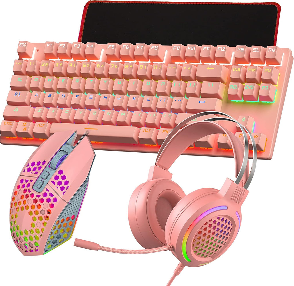 Gaming Mechanical Keyboard and Mouse Headset Mousepad Combo, 4 in 1, RGB Backlit Green axis, Wired, 8000 DPI, USB 7.1 Surround Sound Headphone with Mic, Black, Pack of 2 B736126