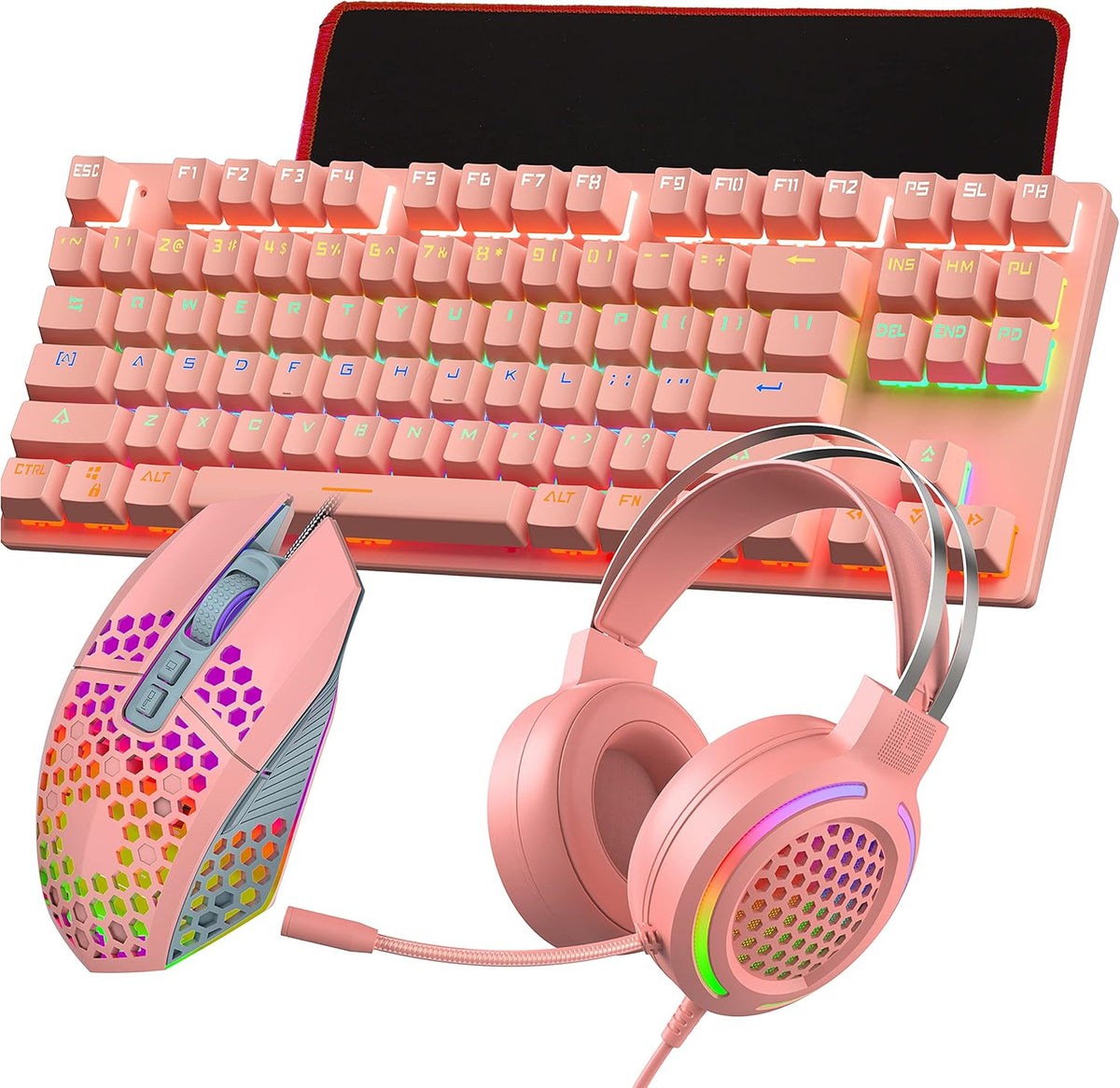 Gaming Mechanical Keyboard and Mouse Headset Mousepad Combo, 4 in 1, RGB Backlit Green axis, Wired, 8000 DPI, USB 7.1 Surround Sound Headphone with Mic, Black, Pack of 2 B736126