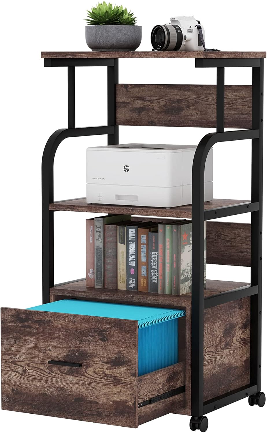 Black 3 Tier Mobile File Cabinet with Printer Shelf and Legal Size Drawer J98689