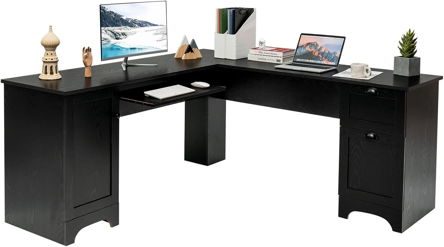 L Shaped Corner Computer Desk with Storage Drawers & Cabinet A2887