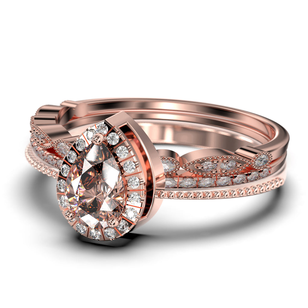 Vintage Pear Cut Morganite And Diamond Moissanite Engagement Ring Set in 925 Sterling Silver With 18k White Gold Plating Q1281