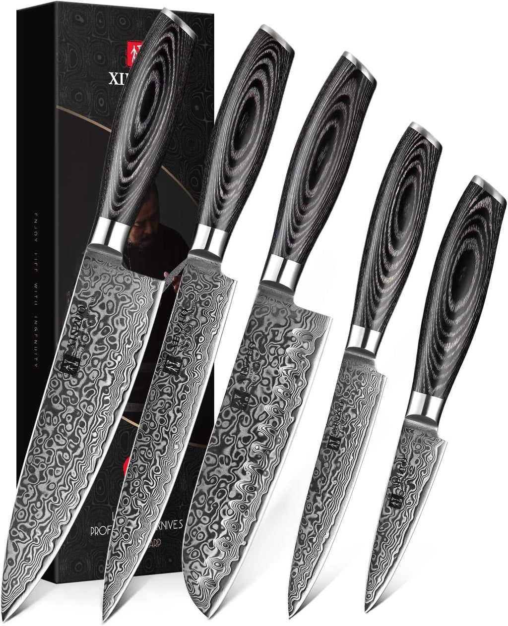 5PC Damascus Steel Kitchen Knife Set with Pakkawood Q255
