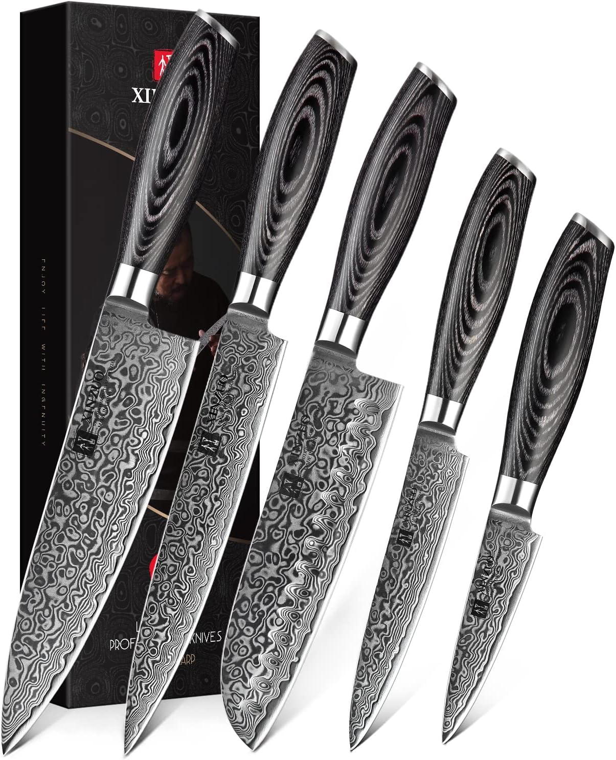 5PC Damascus Steel Kitchen Knife Set with Pakkawood Q255