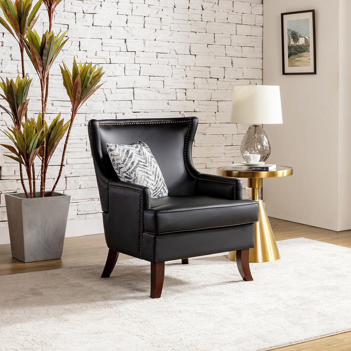 Black Faux Leather Wingback Accent Chair with Nailhead Trim K42694