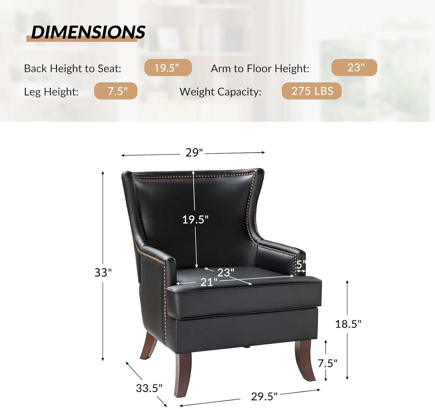 Black Faux Leather Wingback Accent Chair with Nailhead Trim K42694