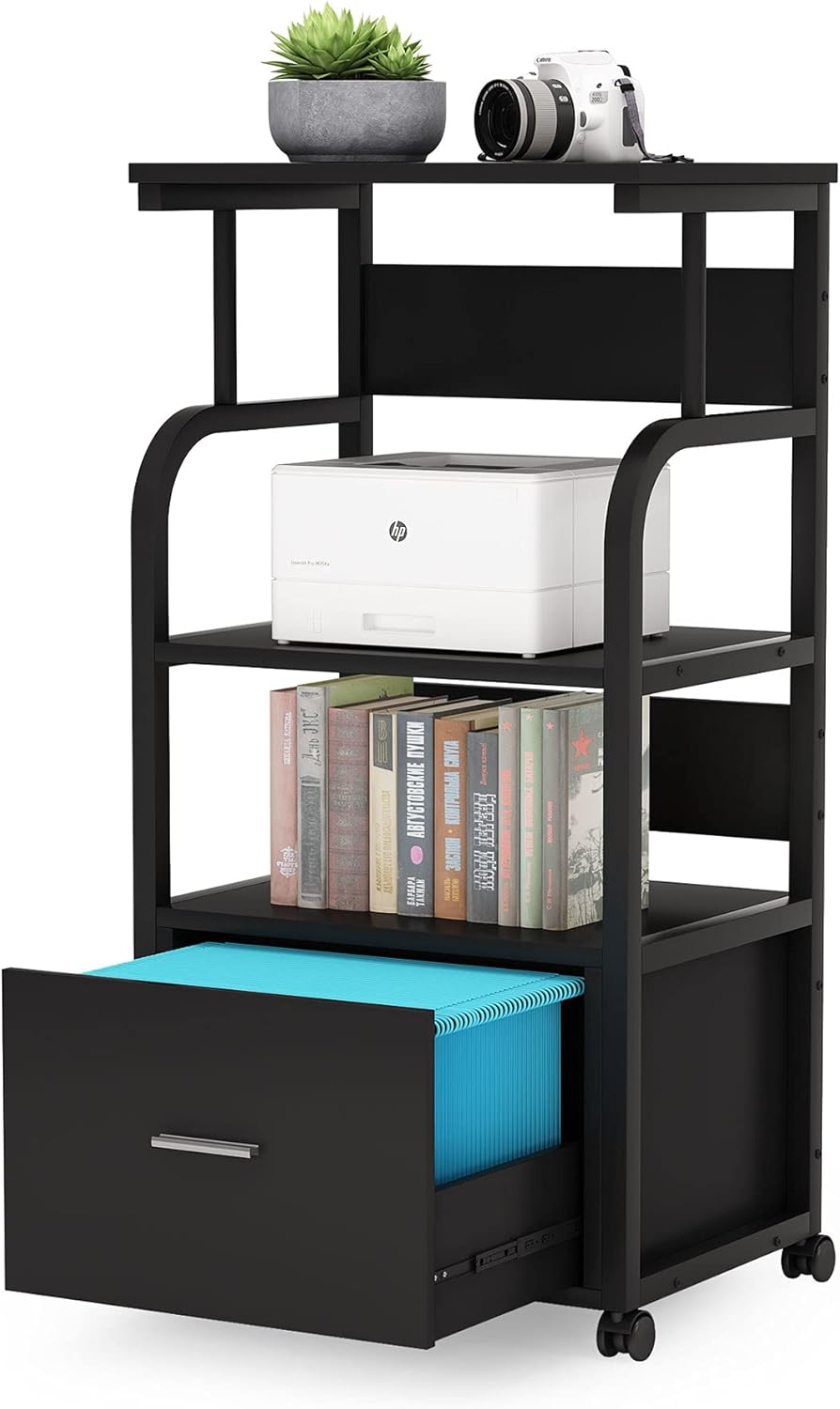 Black 3 Tier Mobile File Cabinet with Printer Shelf and Legal Size Drawer J98689