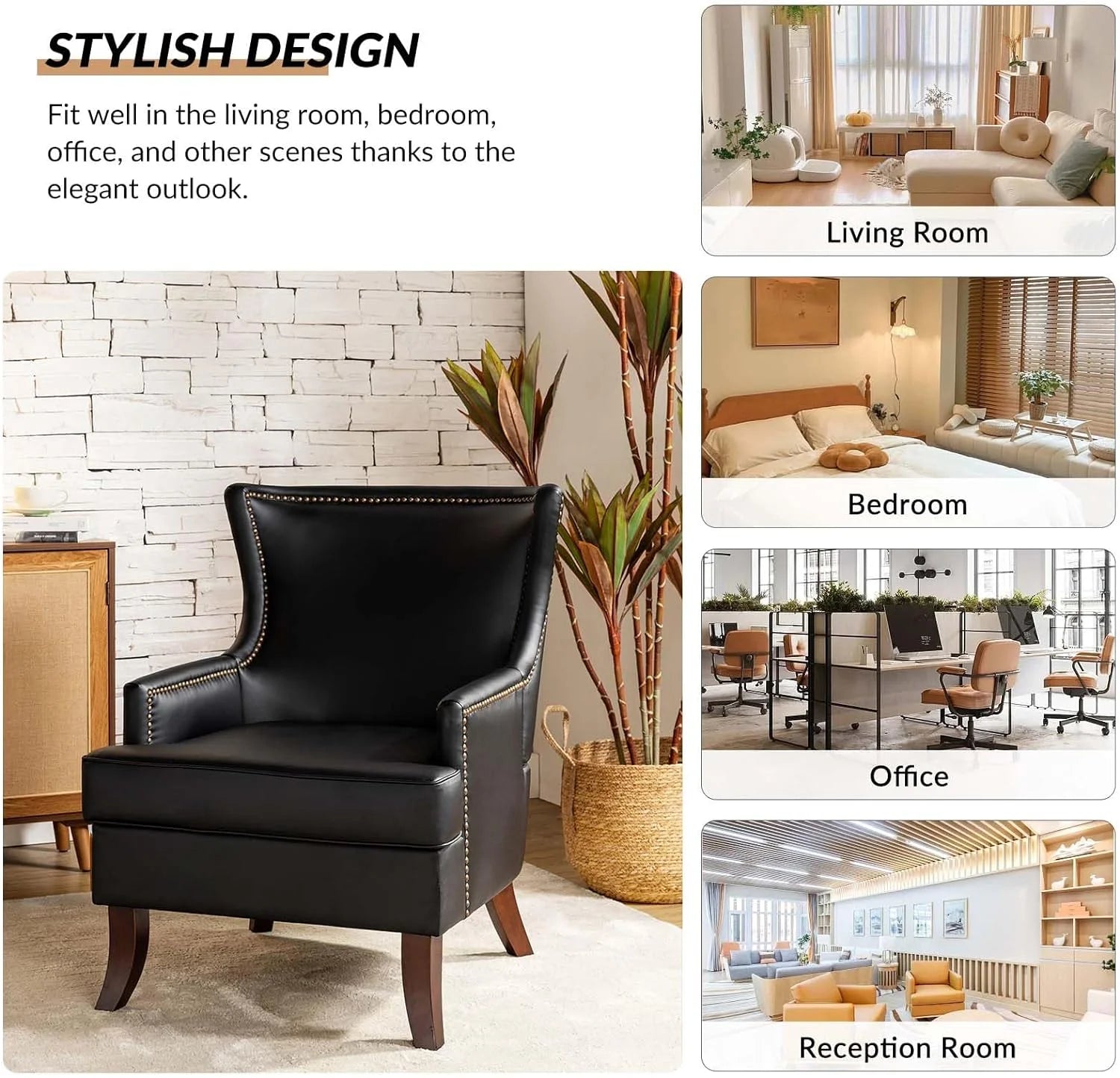 Black Faux Leather Wingback Accent Chair with Nailhead Trim K42694