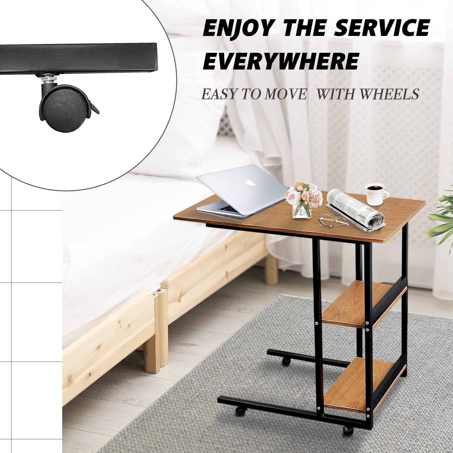 Movable Wooden Night Stand Desk with 4 Wheels Cart Tray O860