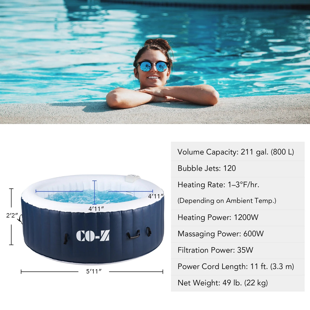 Blue PVC Inflatable Spa Tub with Heater & 120 Massaging Jets G33859