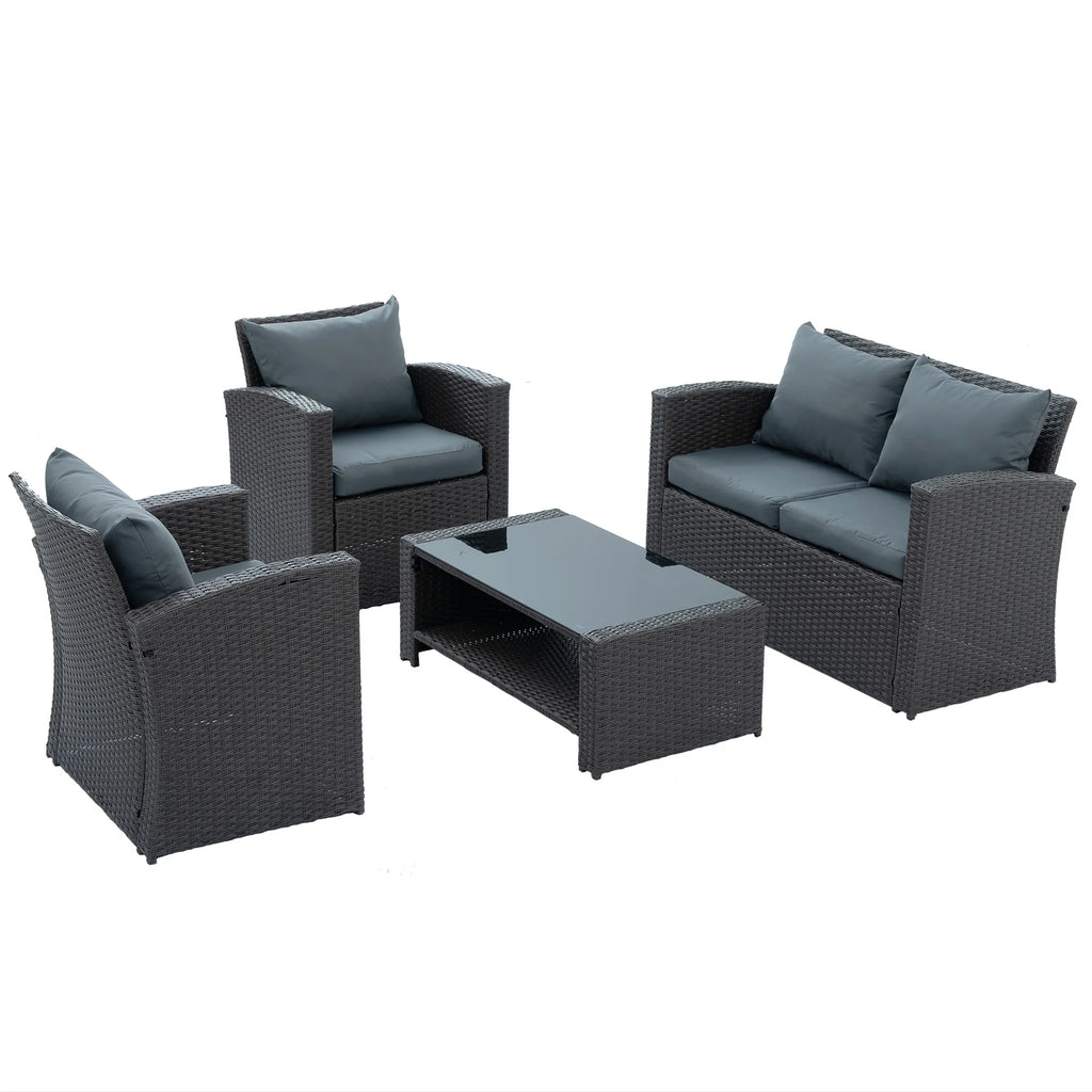 4-Piece PE Wicker Rattan Patio Sofa Set with Anti-Slip Cushions and Tempered Glass Coffee Table, Dark Gray W72290