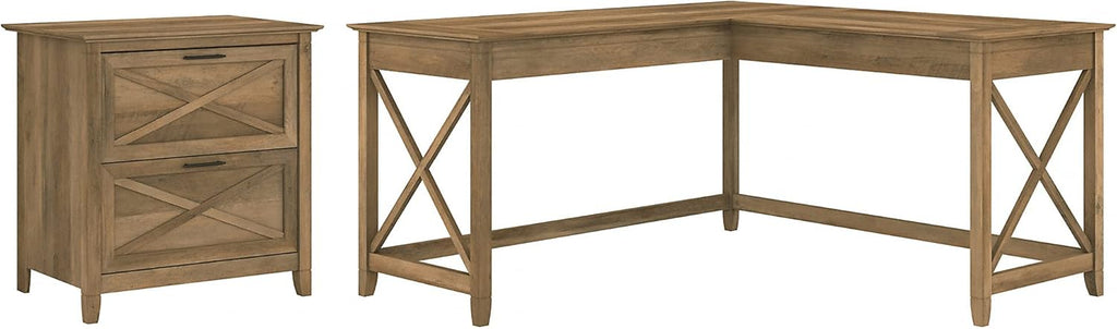 L Shaped Desk with 2 Drawer Lateral File Cabinet, 60W, Linen White Oak C28194