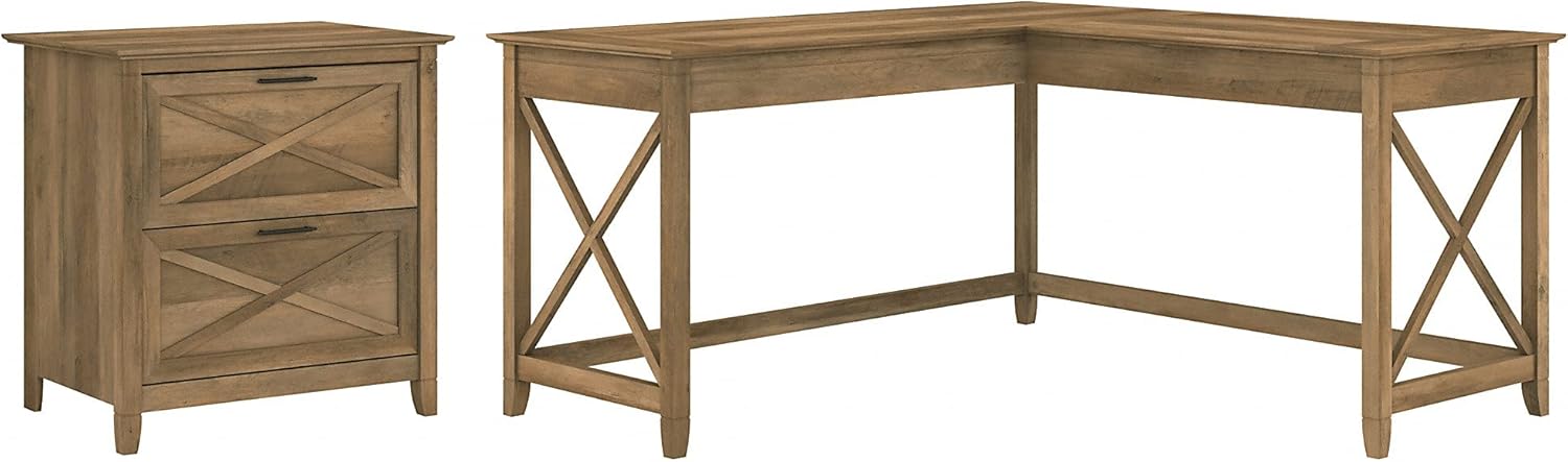 L Shaped Desk with 2 Drawer Lateral File Cabinet, 60W, Linen White Oak C28194