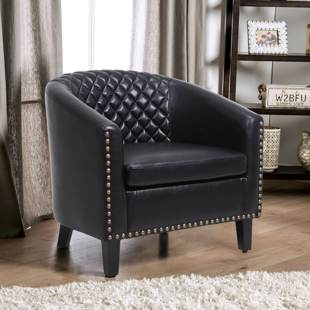 Black PU Leather Accent Barrel Chair with Solid Wood Legs Q6766