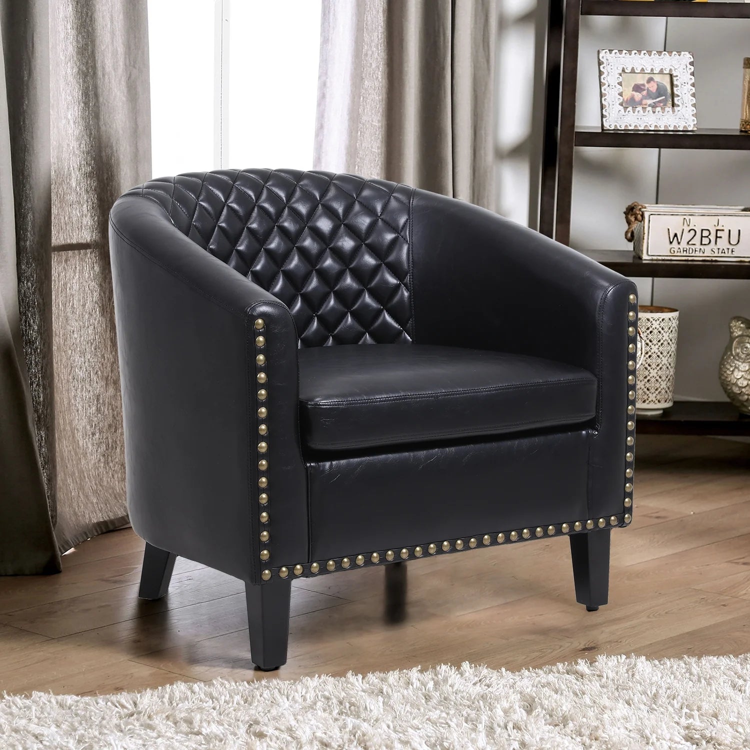 Black PU Leather Accent Barrel Chair with Solid Wood Legs Q6766