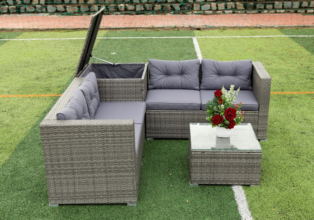 4 Pcs Patio Rattan Wicker Sectional Sofa Set with Glass Coffee Table and Storage Box A32211