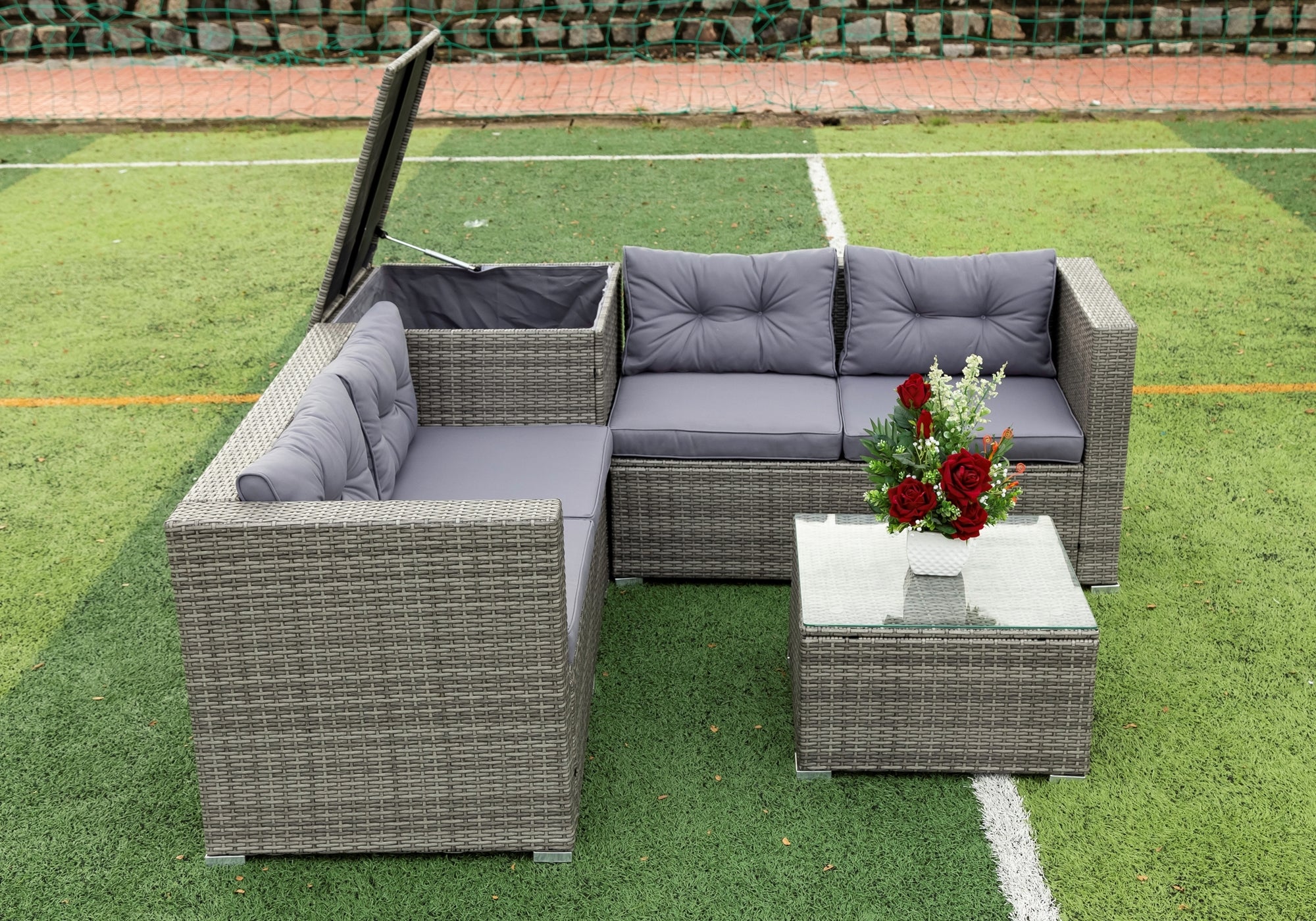 4 Pcs Patio Rattan Wicker Sectional Sofa Set with Glass Coffee Table and Storage Box A32211